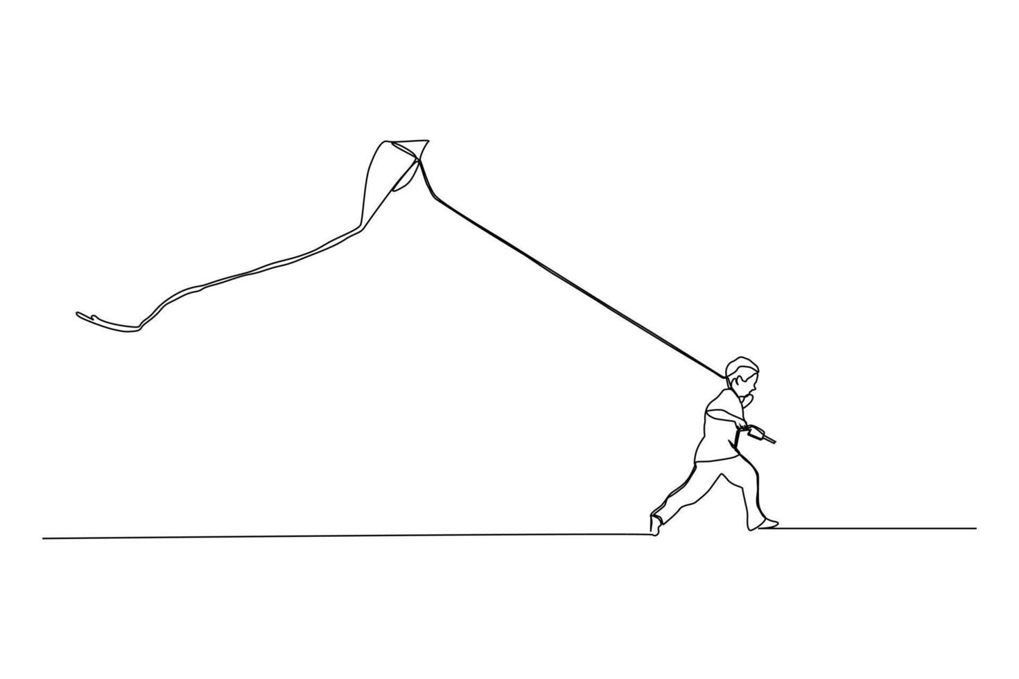 Single continuous line drawing little boy flying kite. Siblings playing together. Kids playing kite in playground. Children with kites game and they look happy. vector