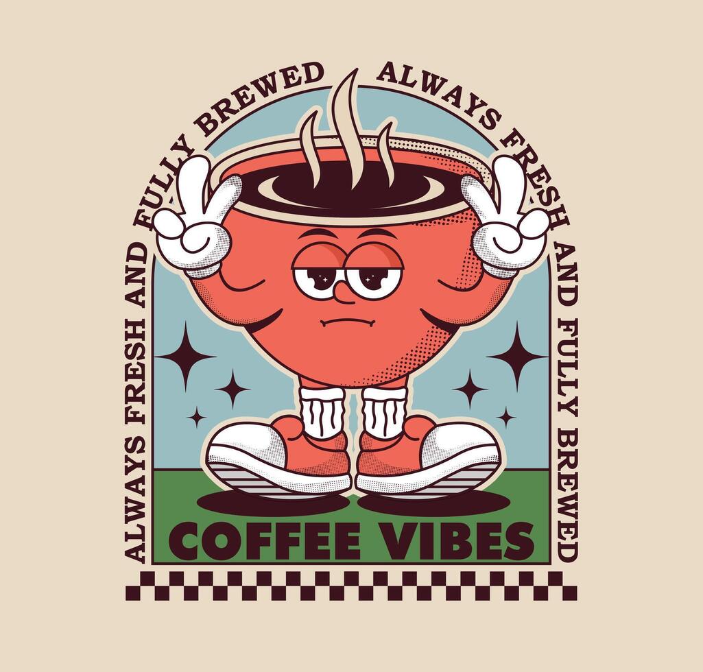Retro coffee mug cartoon mascot illustration. Fun and cheerful character design in vintage style. Perfect for t-shirt print, sticker, poster, and digital art vector