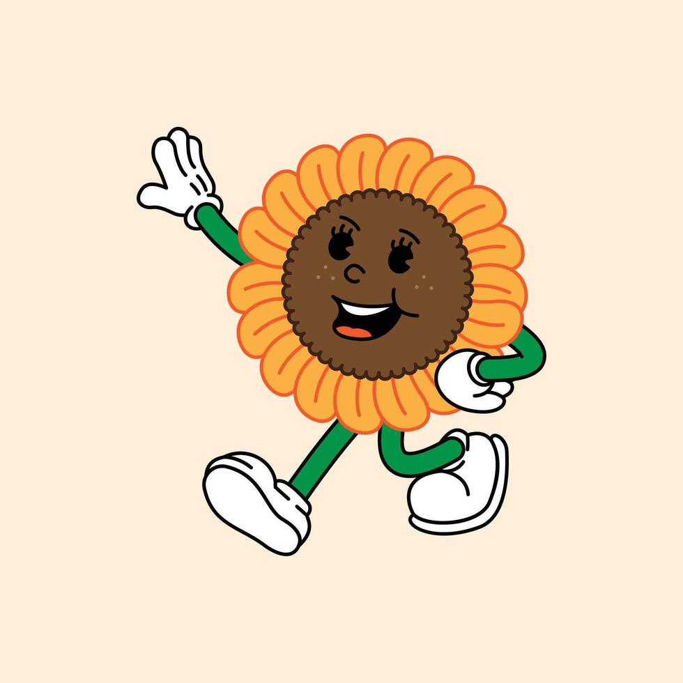Cheerful Sunflower Bloom in Retro Vintage Mascot Character with gloved hand and foot, rubber hose cartoon style. Greeting someone who is very far away. vector