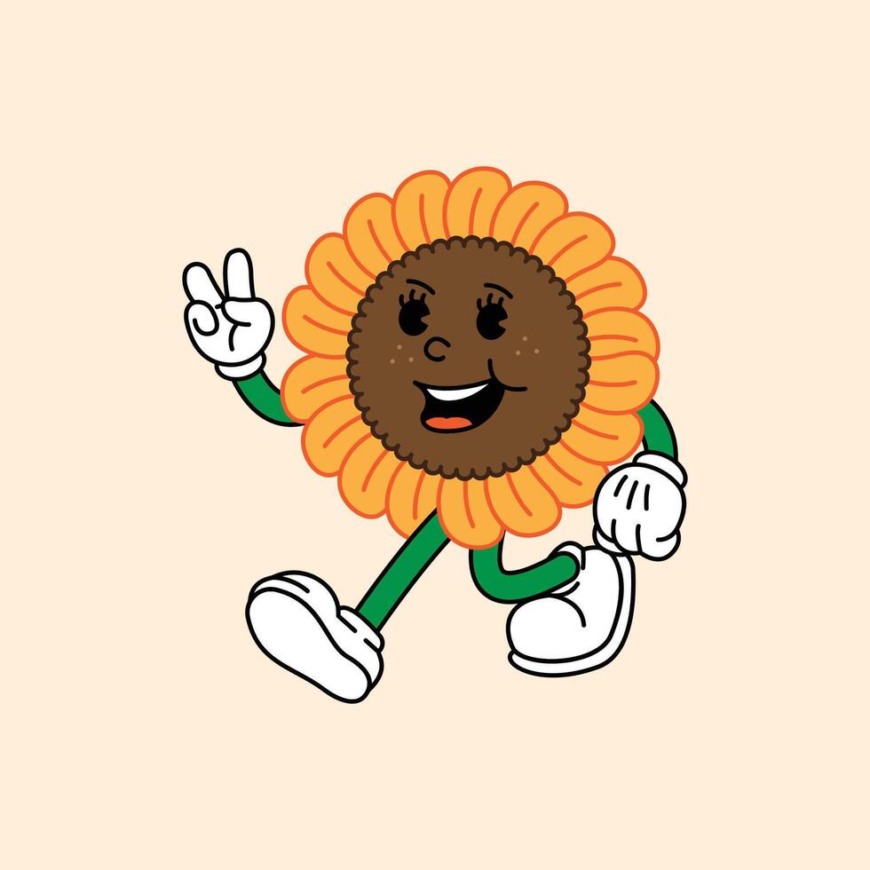 Cheerful Sunflower Bloom in Retro Vintage Mascot Character with gloved hand and foot, rubber hose cartoon style. Walking happily and holding up the peace symbol with his finger. vector