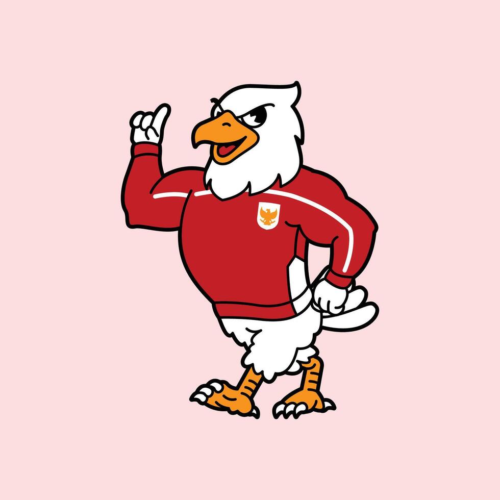 White Eagle or Garuda wearing red football jersey vintage retro mascot character pose and celebration. Walking with his hand pointing up. vector