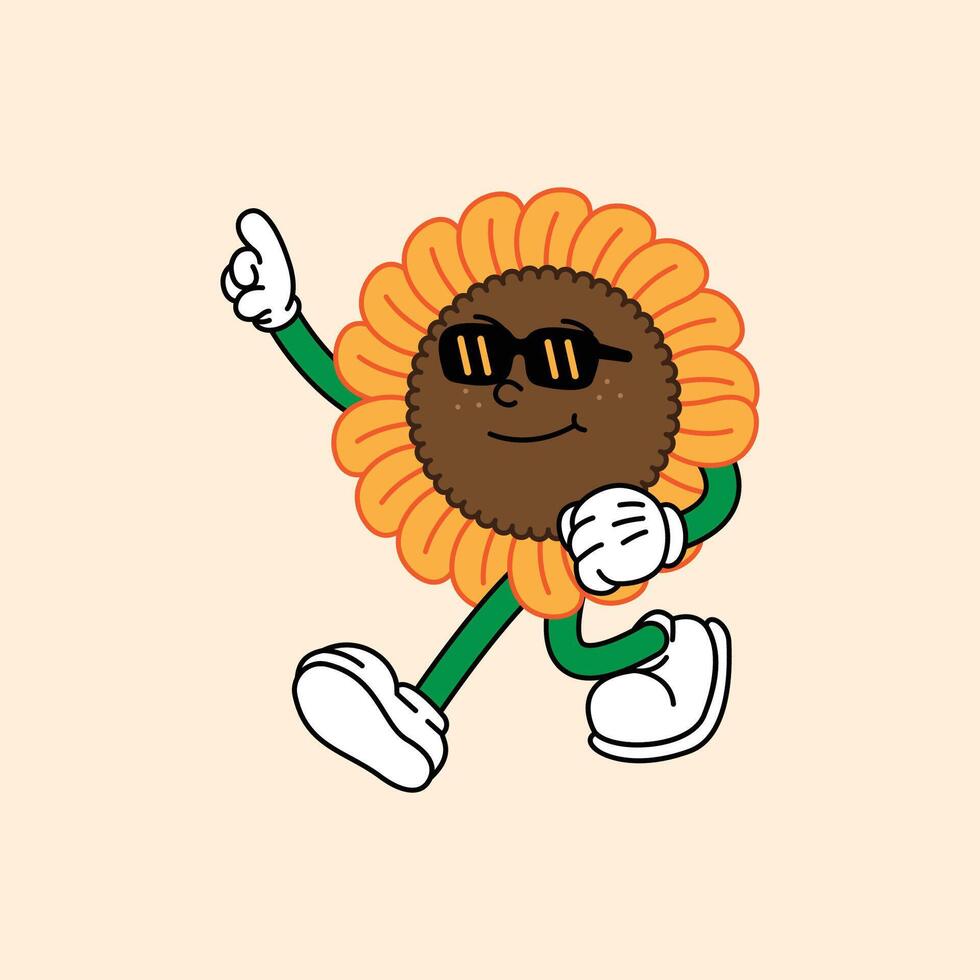 Cheerful Sunflower Bloom in Retro Vintage Mascot Character with gloved hand and foot, rubber hose cartoon style. Greeting someone who is very far away with wearing sunglasses. vector