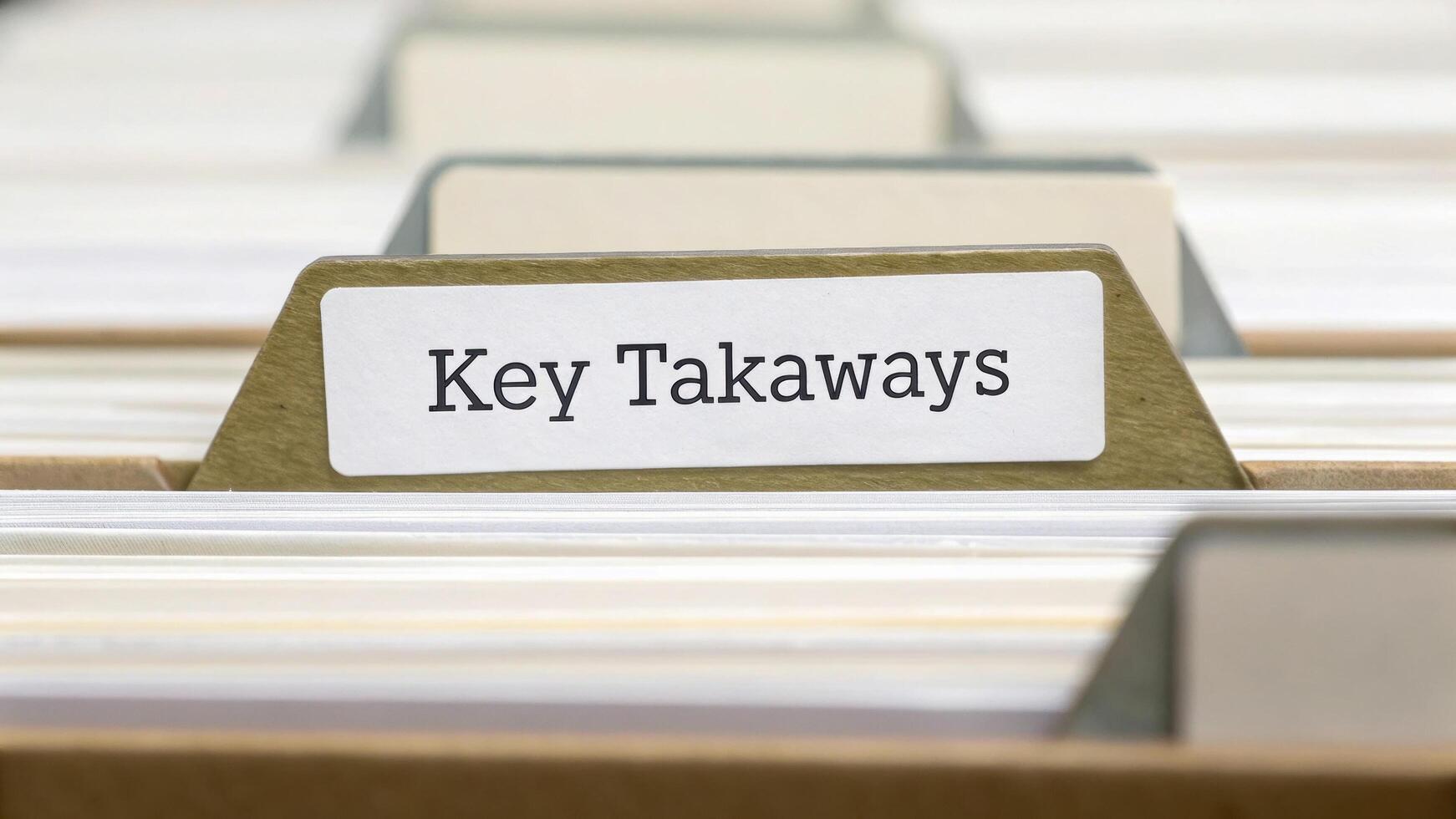 A file folder tab labeled Key Takaways among other plain file folders in an organized filing system. photo