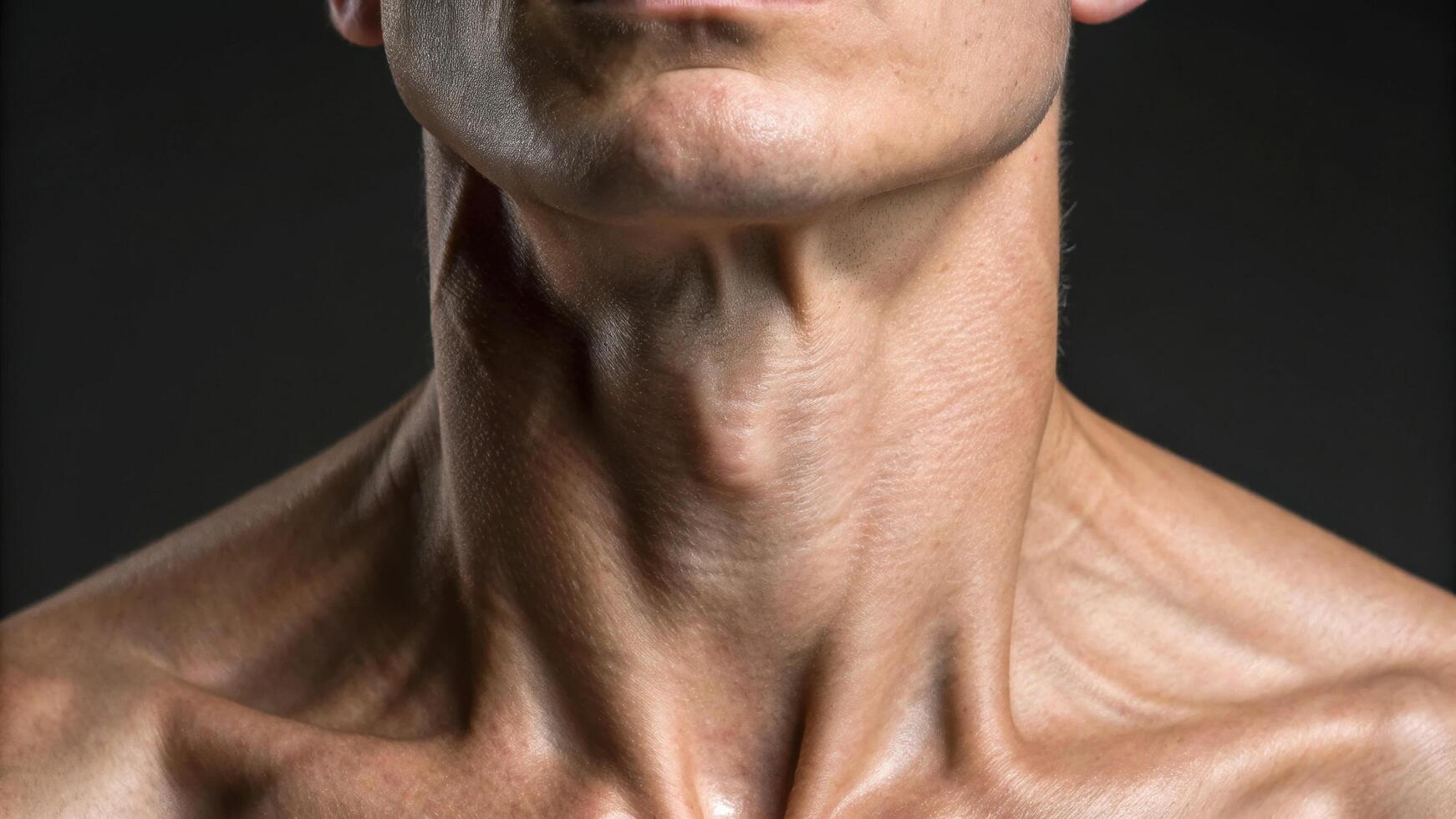 Close-up of a muscular male neck and jawline, showing detailed skin texture and defined anatomy against a dark background. photo