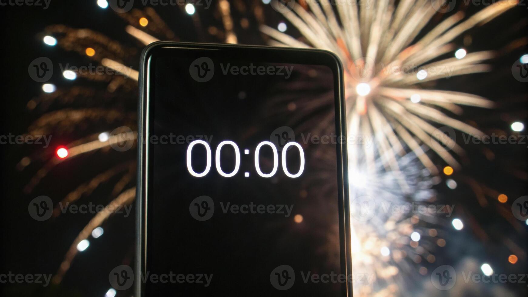 A smartphone displays 00.00 against a backdrop of colorful fireworks, symbolizing a countdown or celebration, likely marking the start of a new year or event. photo