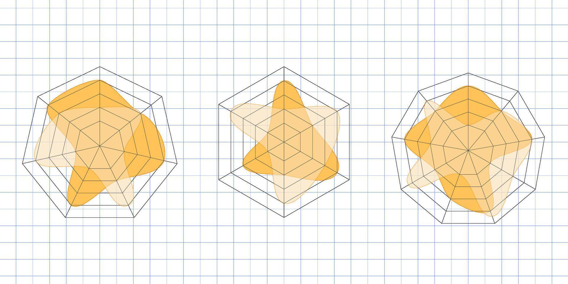 Collection of Kiviat diagram templates featuring spider charts and radar plots. Irregular star polygons for business analytics and multivariate data visualization. Isolated on white vector