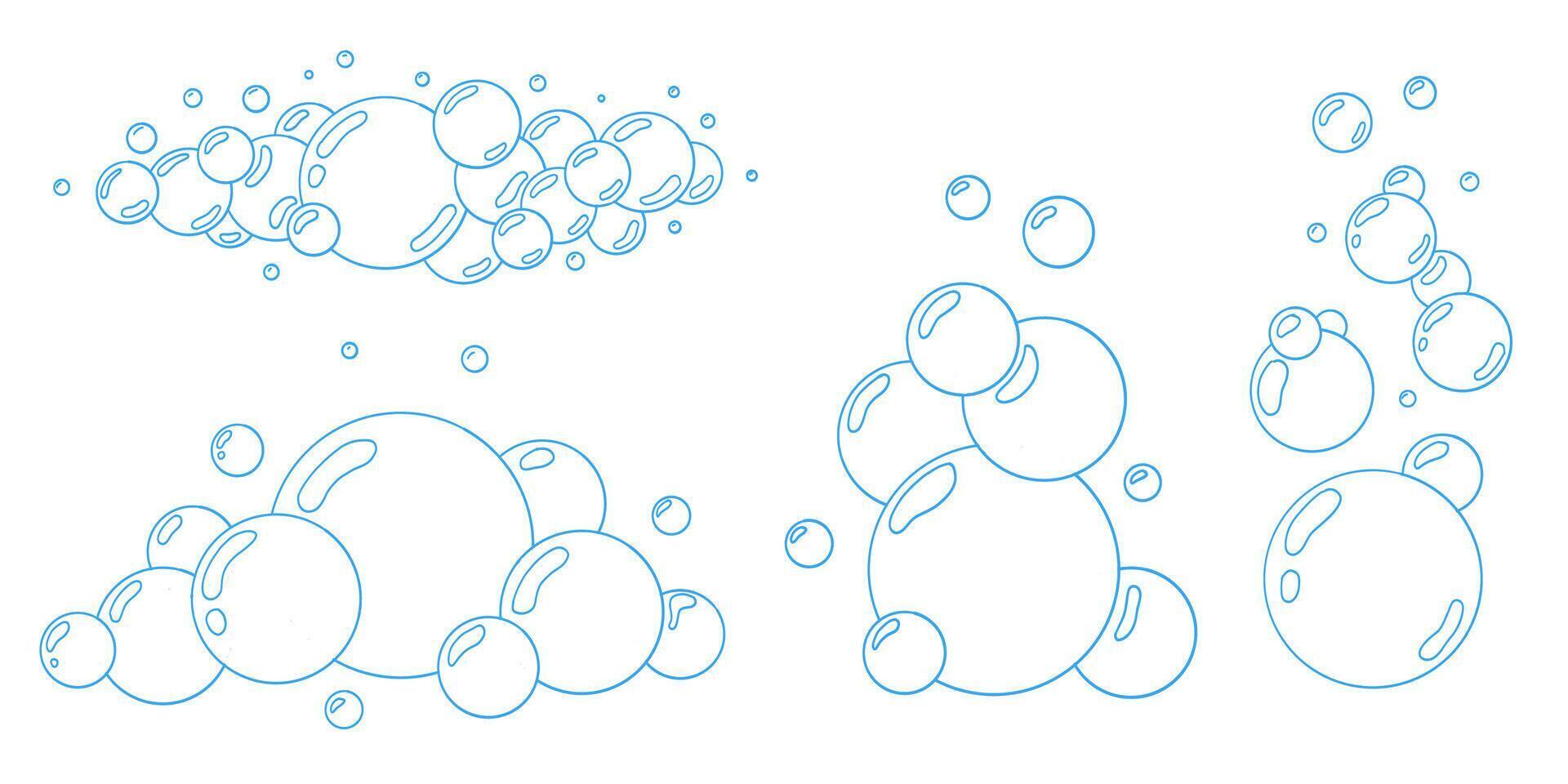 Cartoon water bubbles outline . Blue soap doodle style bubble illustrations. Fizzy soda foam effect. Minimalistic sparkle design element for cleaning, hygiene or bath concepts. vector