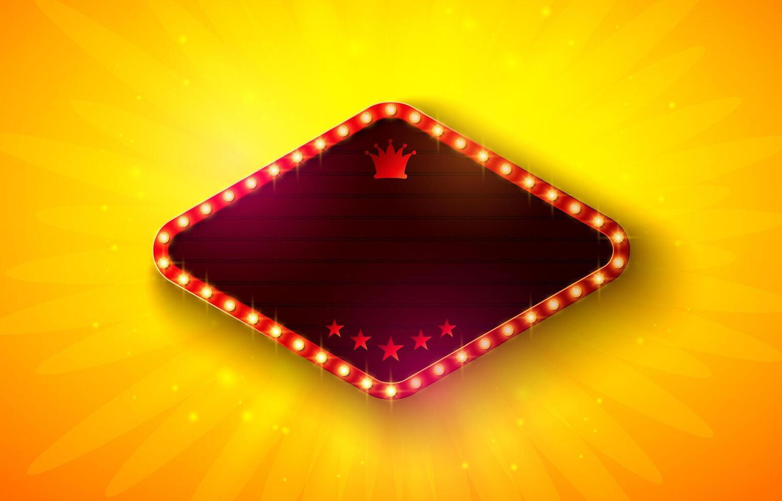 Retro Signboard Lightbox Banner Design with Glowing Light Bulb Frame Billboard on Shiny Yellow Background. Customizable Marquee Sign Illustration for Casino Advertising, Theater Show, Broadway vector