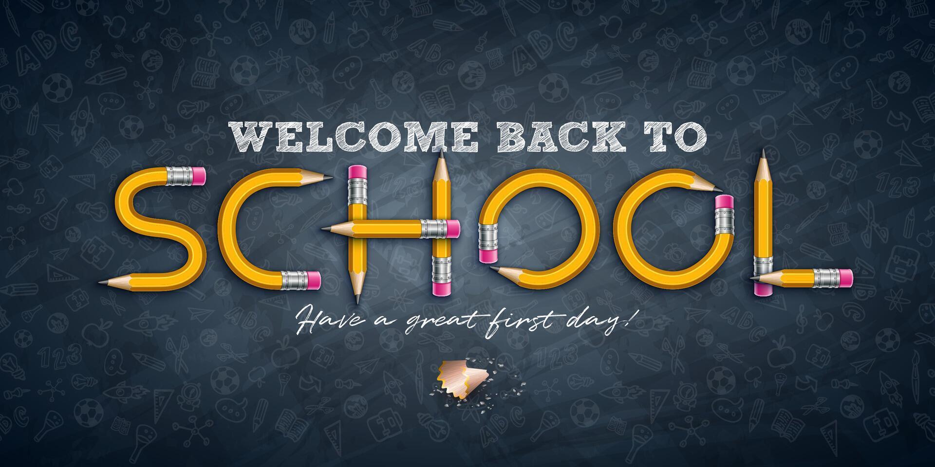 Welcome Back to School Typography Lettering of Graphite Pencil Design on Black Chalkboard Background. Education, Learning and Knowledge Illustration with Hand Drawn Doodles for Greeting Card vector