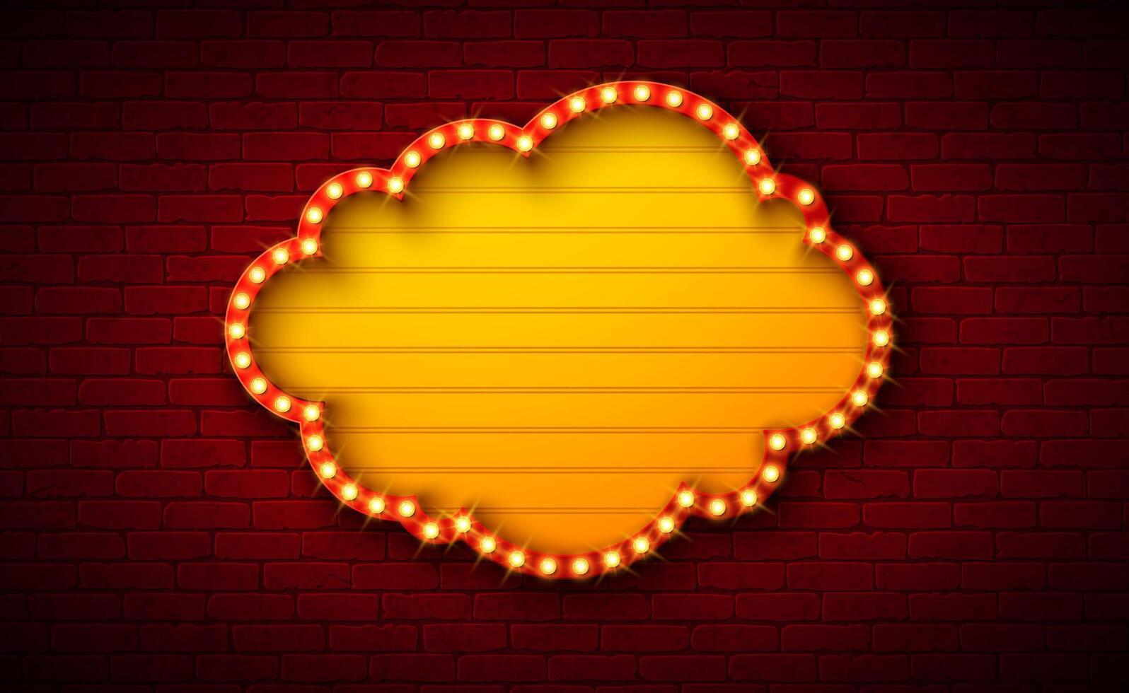 Retro Signboard Banner Design with Glowing Light Bulb Frame Lightbox Billboard on Vintage Brick Wall Background. Customizable Cloud Shape Marquee Sign Illustration for Casino Advertising vector