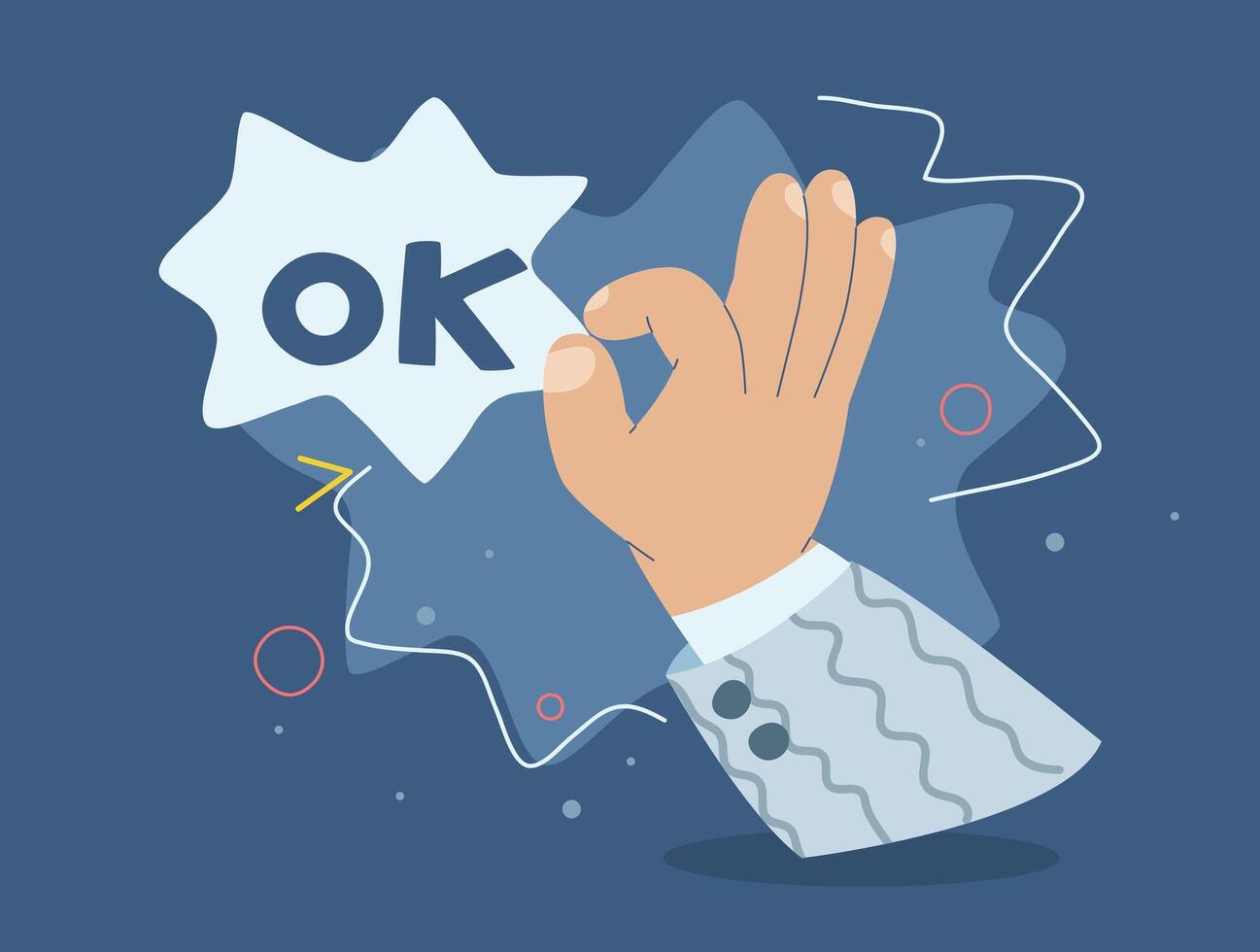 Businessman hand with OK text, Symbol of agreement, consent, decision, approval, expression, Successful business, Flat design illustration. vector