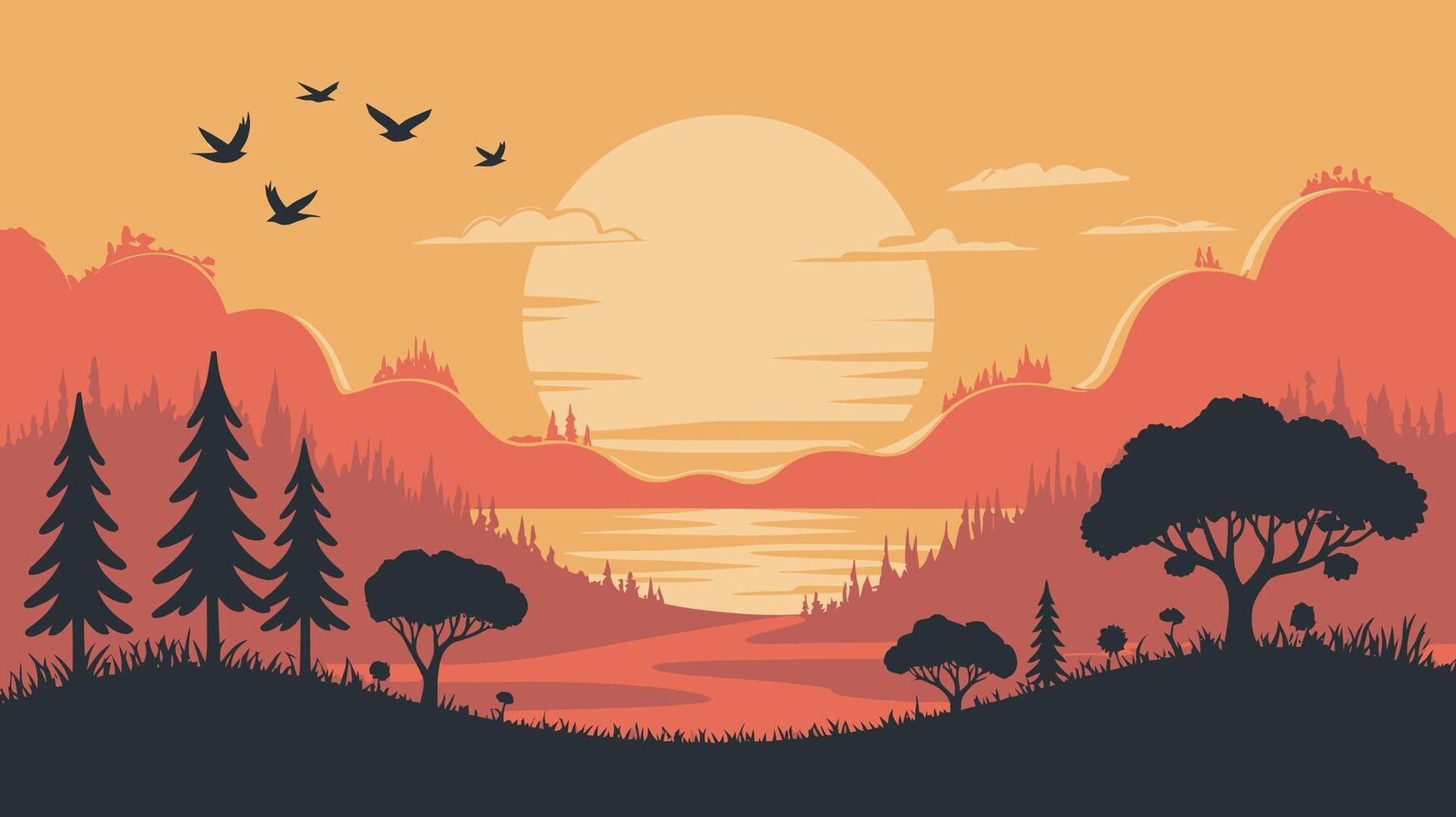 Sunset Landscape with Birds Trees and Mountains in Silhouette vector