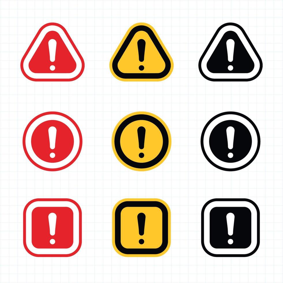 Attention Icon Set. Danger Caution or Alert Risk Warning creative Symbol in a black filled and outlined style vector