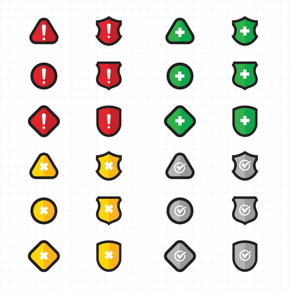 Set of warning and alert icons with exclamation marks in various shapes and colors triangle, circle, shield, black, yellow, and red styles for hazard, caution, and error messages vector