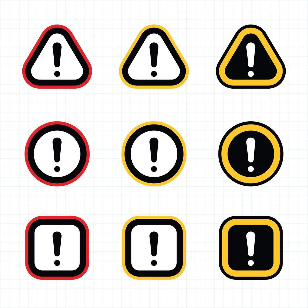 Attention Icon Set. Danger Caution or Alert Risk Warning creative Symbol in a black filled and outlined style. Safety Notice Sign vector