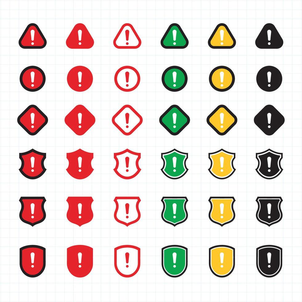 Set of warning and alert icons with exclamation marks in various shapes and colors triangle, circle, shield, black, yellow, and red styles for hazard, caution, and error messages illustration vector