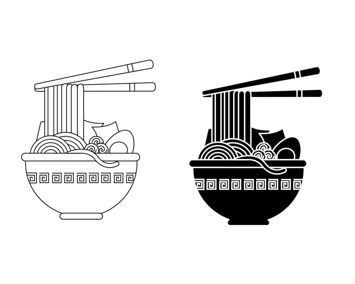 Ramen Noodle Bowl Icon with Chopsticks, Outline and Silhouette Style Vectors