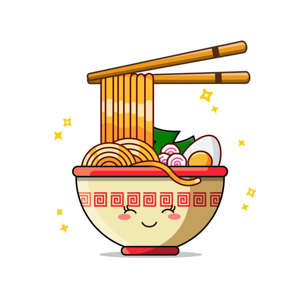 Cute bowl of ramen with chopsticks and various toppings, kawaii style Vectors Illustration