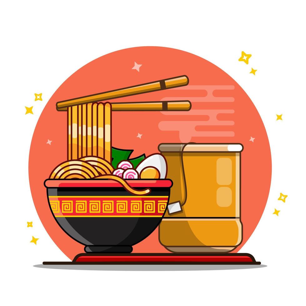 Delicious Ramen Bowl with Chopsticks and Hot Tea Vectors Illustration Flat Design