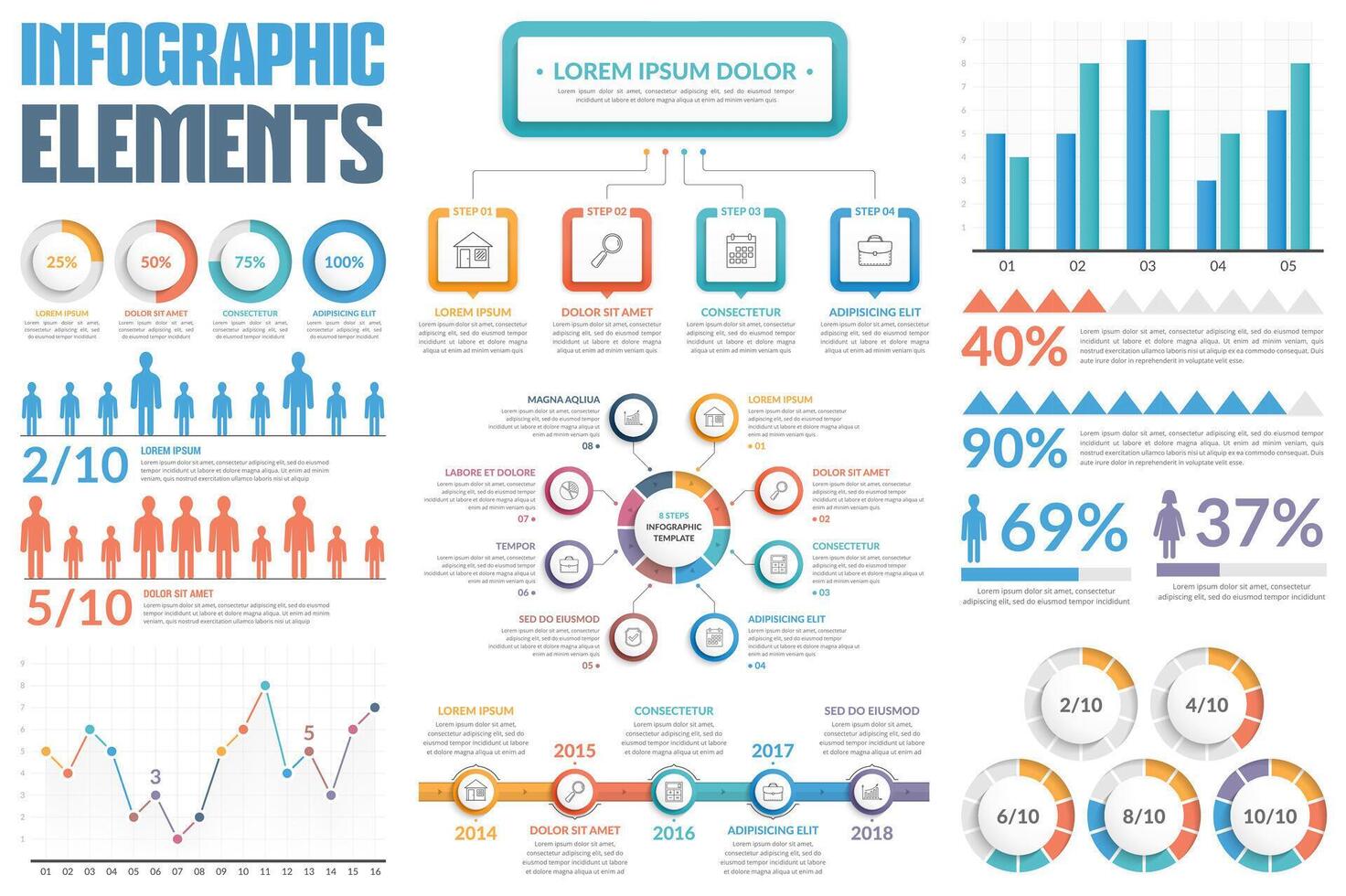 Infographic elements collection with bar and line charts, people infographics, circle diagram, process diagram, steps or options, round progress indicators, timeline, percents vector