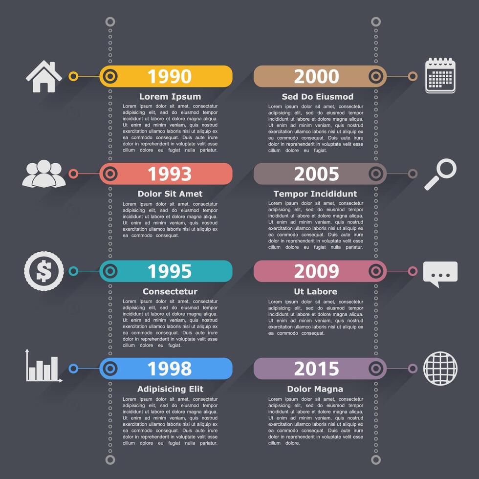 Timeline infographics design template with two vertical lines with 8 elements on dark background vector