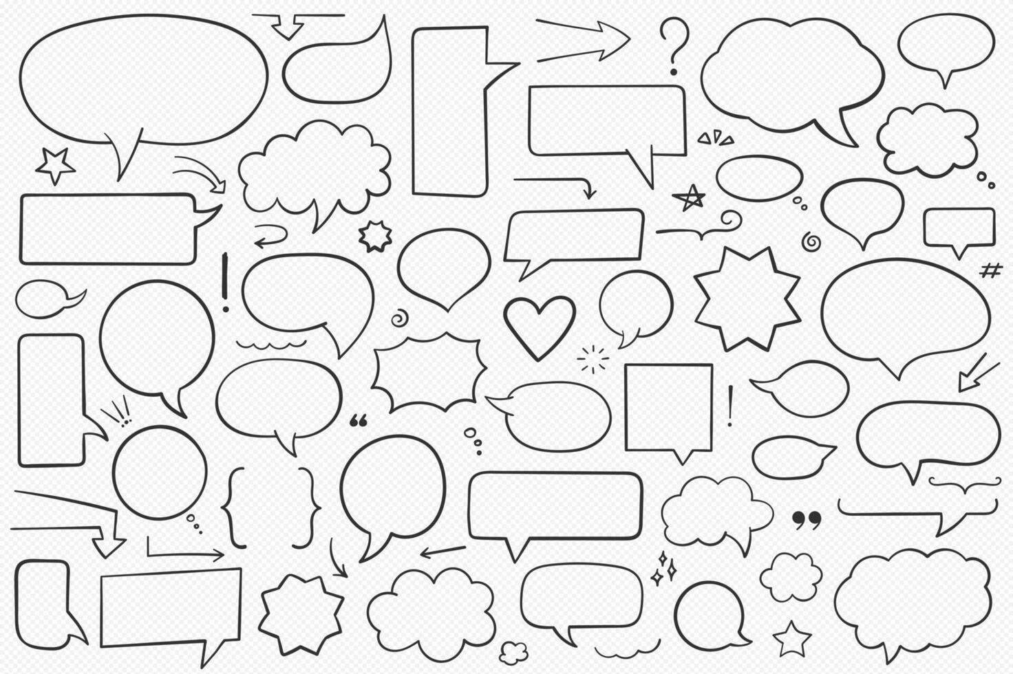 Collection of hand drawn speech bubbles, arrows and other design elements, contour shapes vector