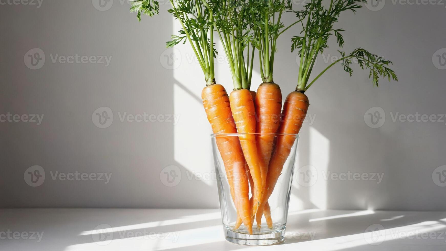 five fresh carrots of bright orange color with green tips, standing in a transparent glass on a white background. Soft light and shadows create an atmosphere of freshness and naturalness. photo