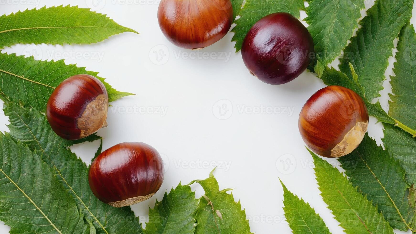 Chestnuts with a smooth shiny surface and green leaves with jagged edges are on a white background. All the elements create a frame around the central empty space. photo