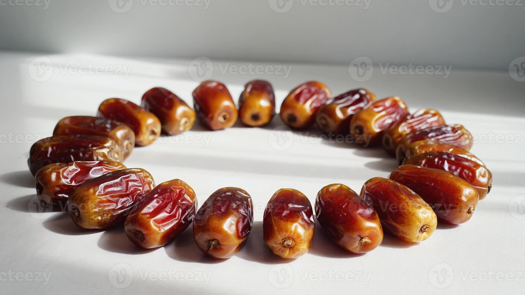 A circle of brown dates on a white background, creating an interesting still life. The perfect choice for healthy eating and culinary projects with exotic fruits. photo