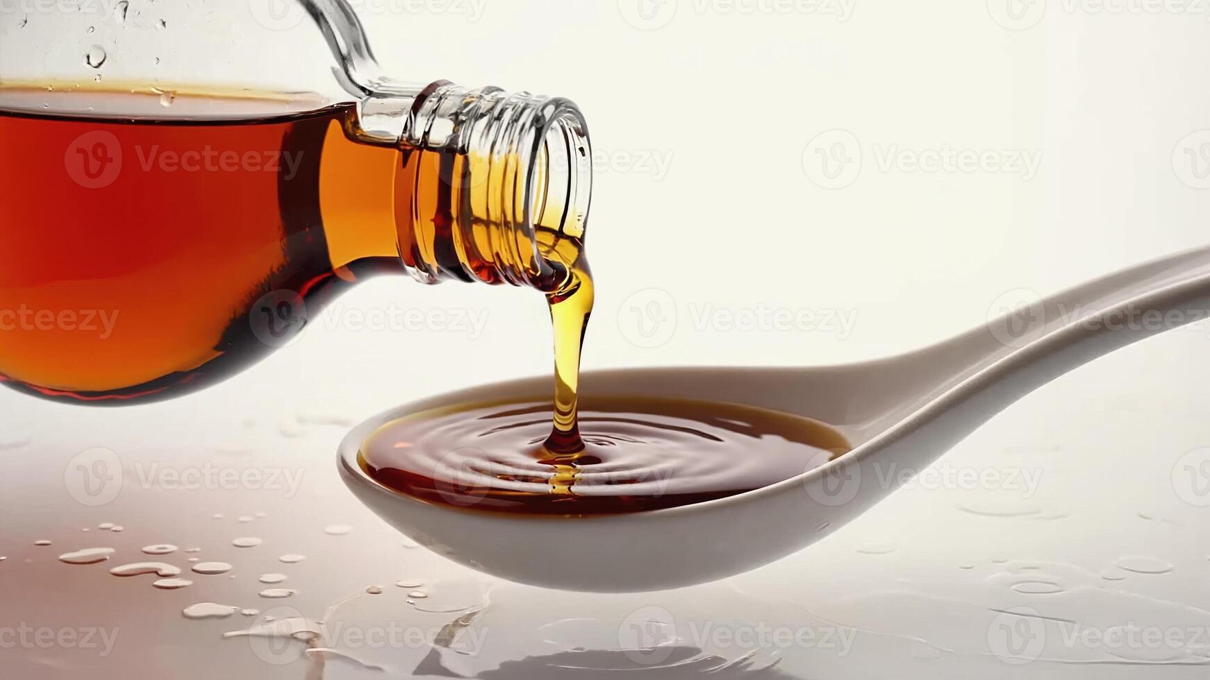 transparent bottle is tilted, pouring brown liquid into a white ceramic spoon, creating concentric circles. Drops of liquid are scattered on the white surface. photo