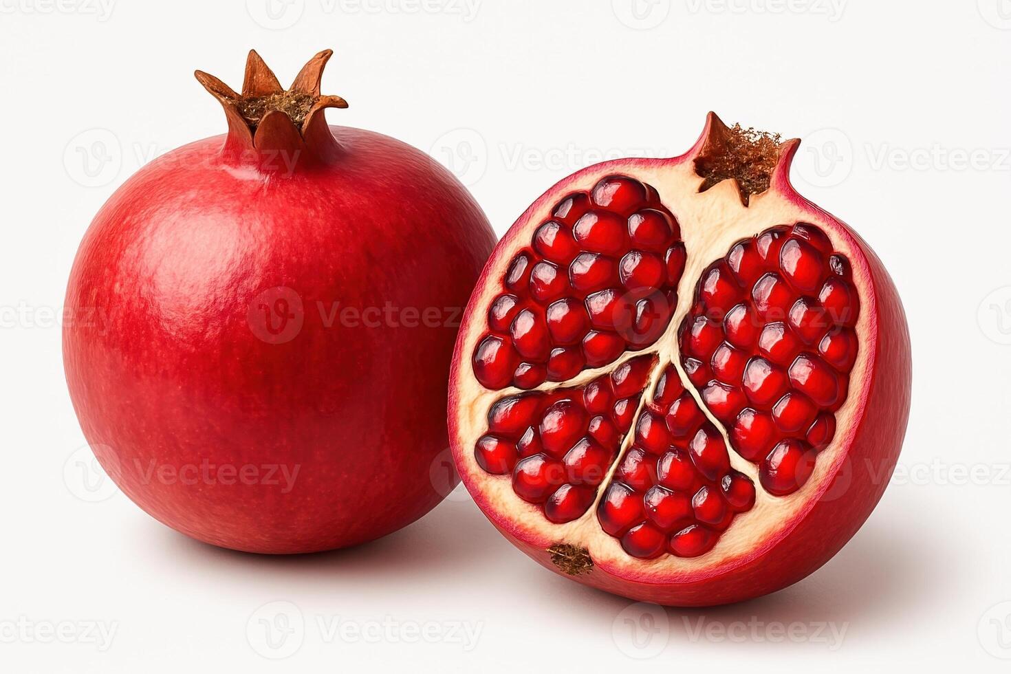 There are two pomegranates on a white background one whole, the other cut, showing juicy red grains. Next to them are green leaves, creating a fresh and natural still life. photo