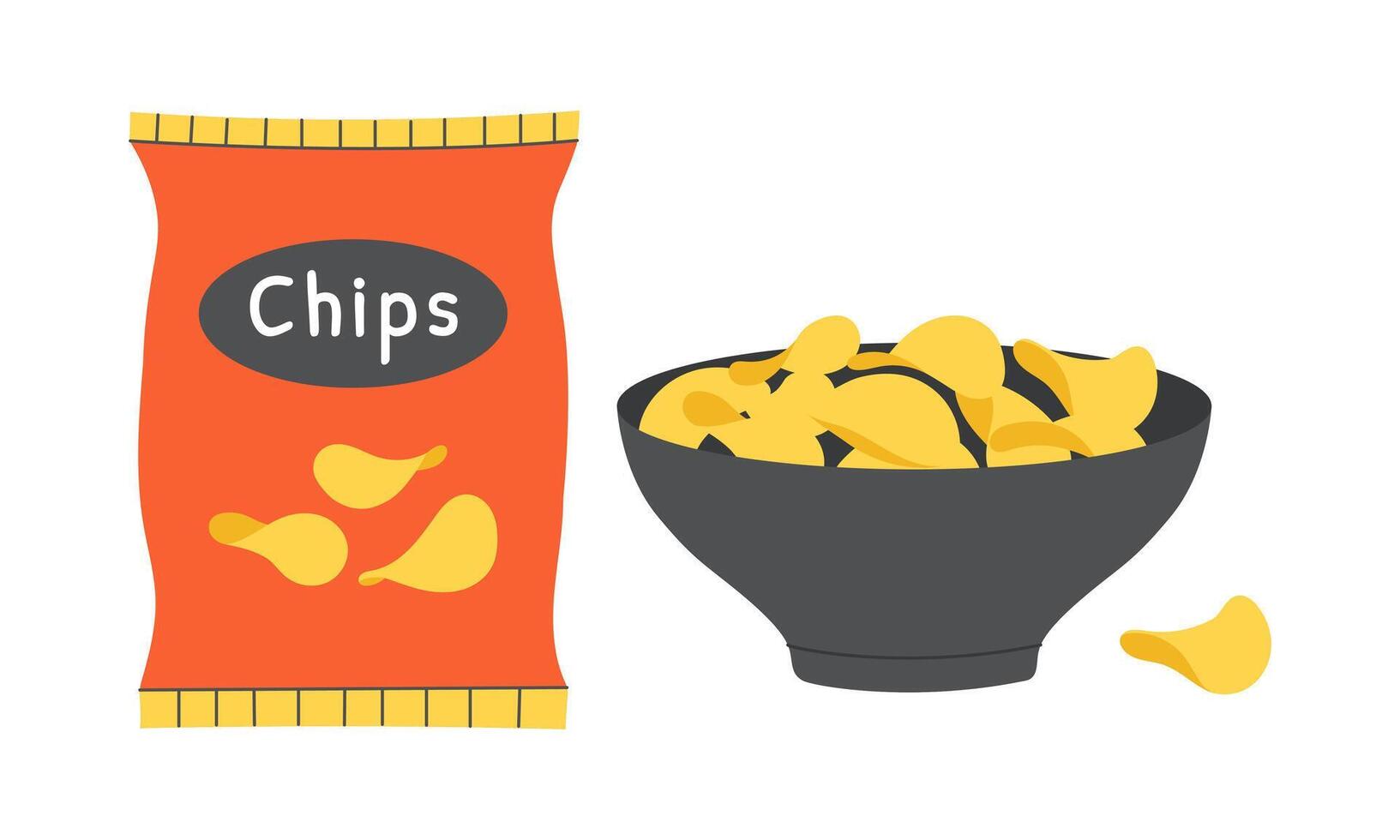 Crispy potato chips in a package and in a bowl. illustration. vector