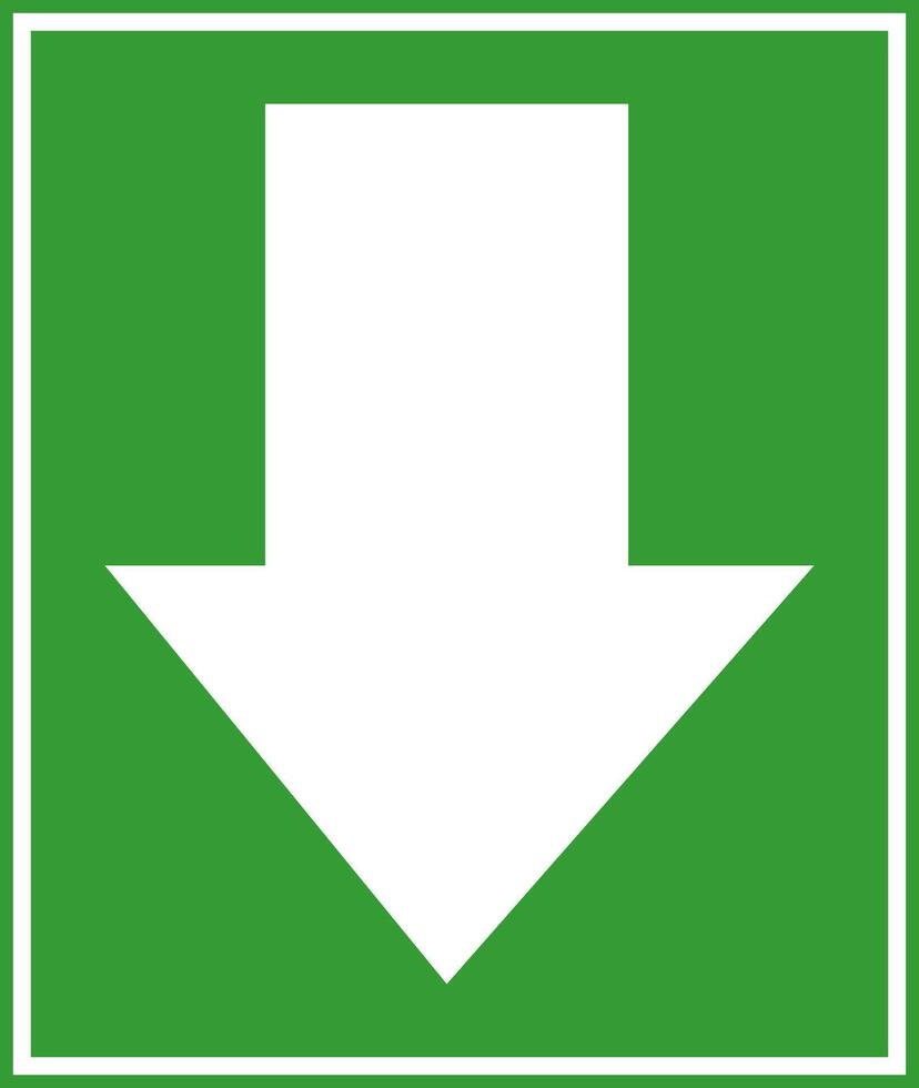 Exit sign - a green sign with a white arrow pointing down. The sign is used to indicate an emergency or main exit. vector