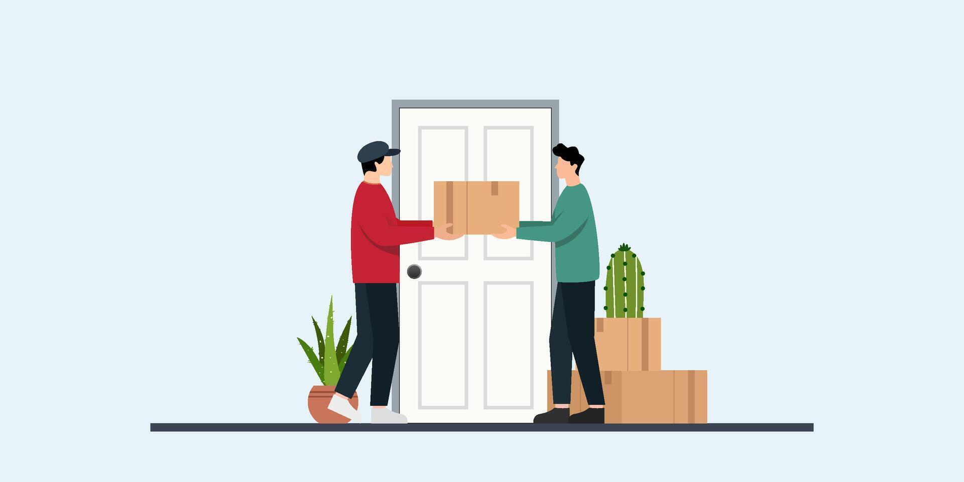 illustration of a delivery man handing a parcel to an online shopper in front of their home. Concept of e-commerce, express delivery, online shopping convenience, and customer satisfaction vector
