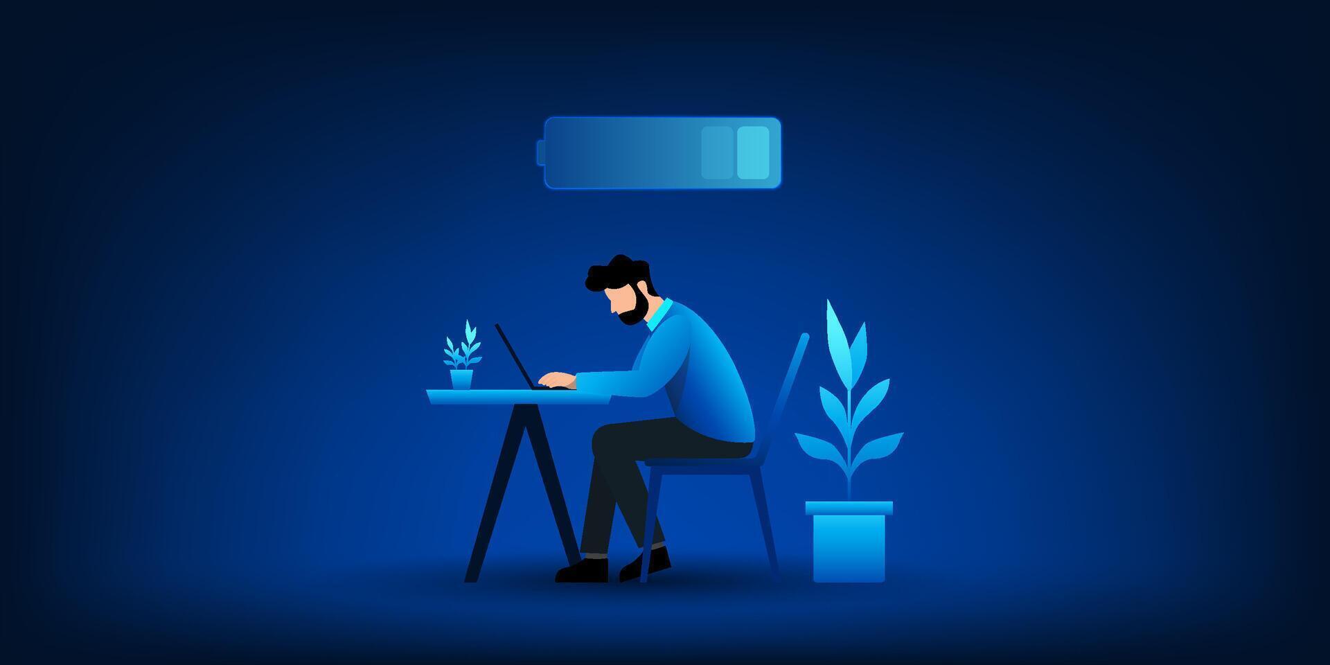 Man working on laptop with battery icon vector