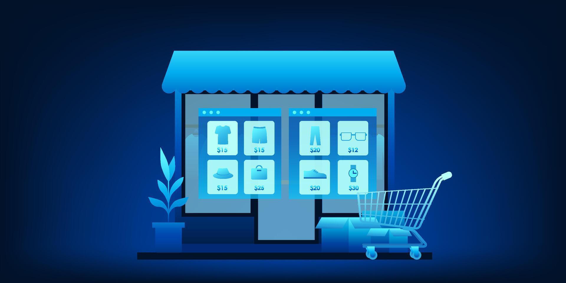 Digital storefront with shopping cart vector