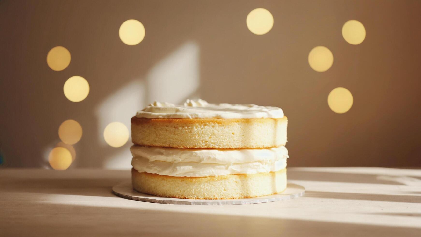 Layer Cake with White Frosting on Table with Bokeh Lights photo