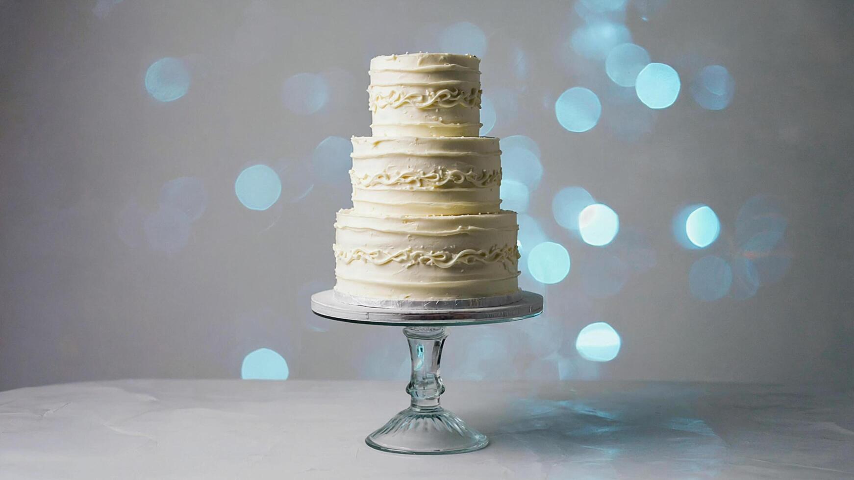 Elegant White Tiered Cake with Decorative Icing Against Bokeh Background photo