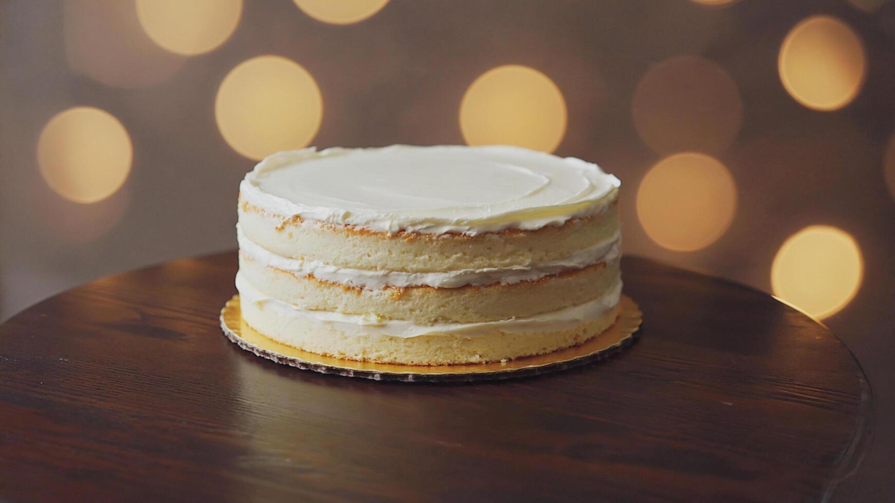 Layered White Cake with Frosting on Wooden Table with Bokeh Lights photo