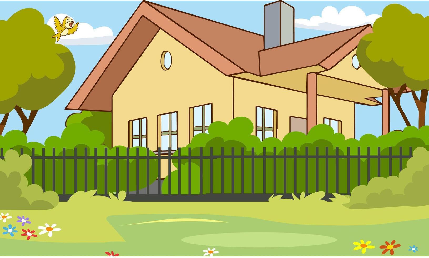 House with garden in summer landscape. Empty street with green trees, fence and flowers. Urban garden. Cartoon illustration vector