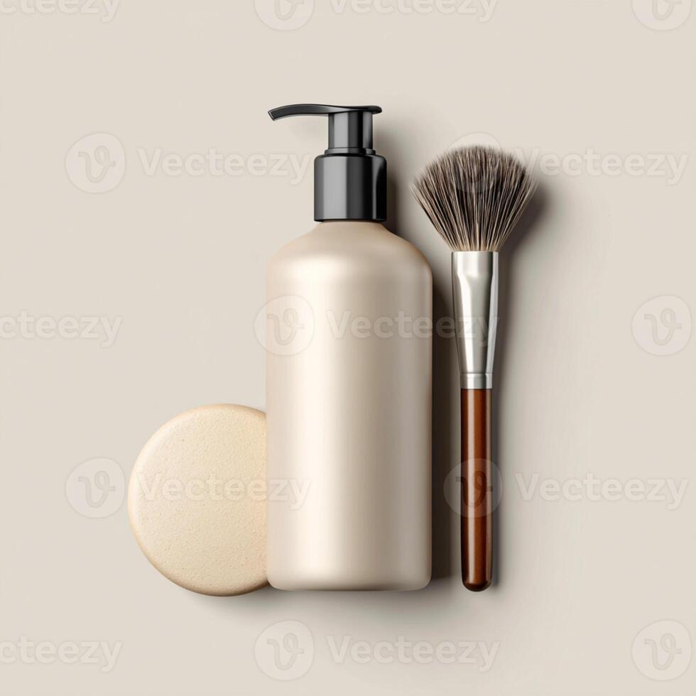 A bottle of cream and a brush on a beige background photo