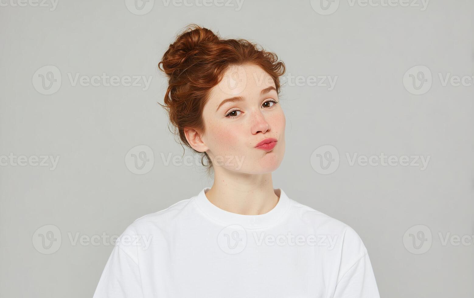 Impressed Woman with Red Hair and White T-Shirt photo