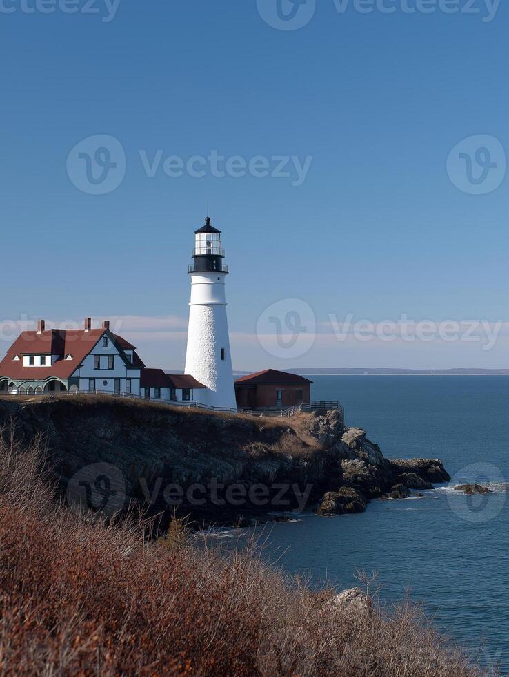 Lighthouse and Buildings on Rocky Coastline photo