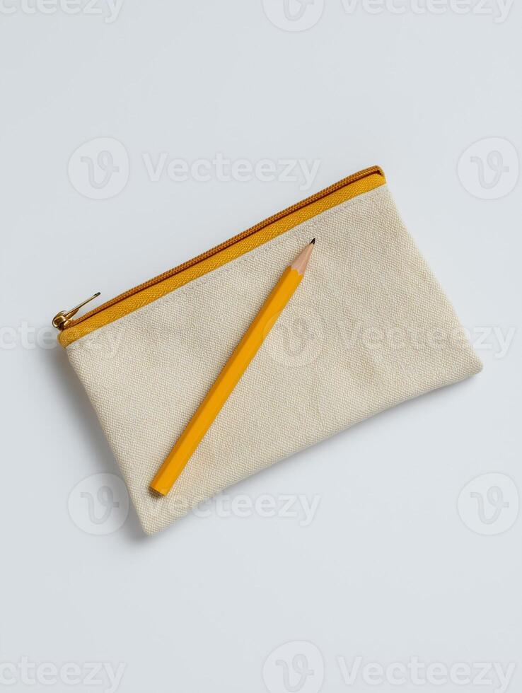 DIY pencil case and Yellow Pencil on White Background photo