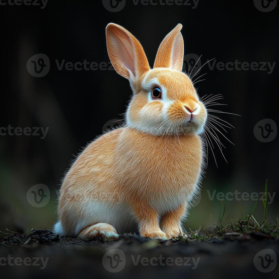 Soft golden rabbit observes its surroundings in a serene woodland setting at dusk photo