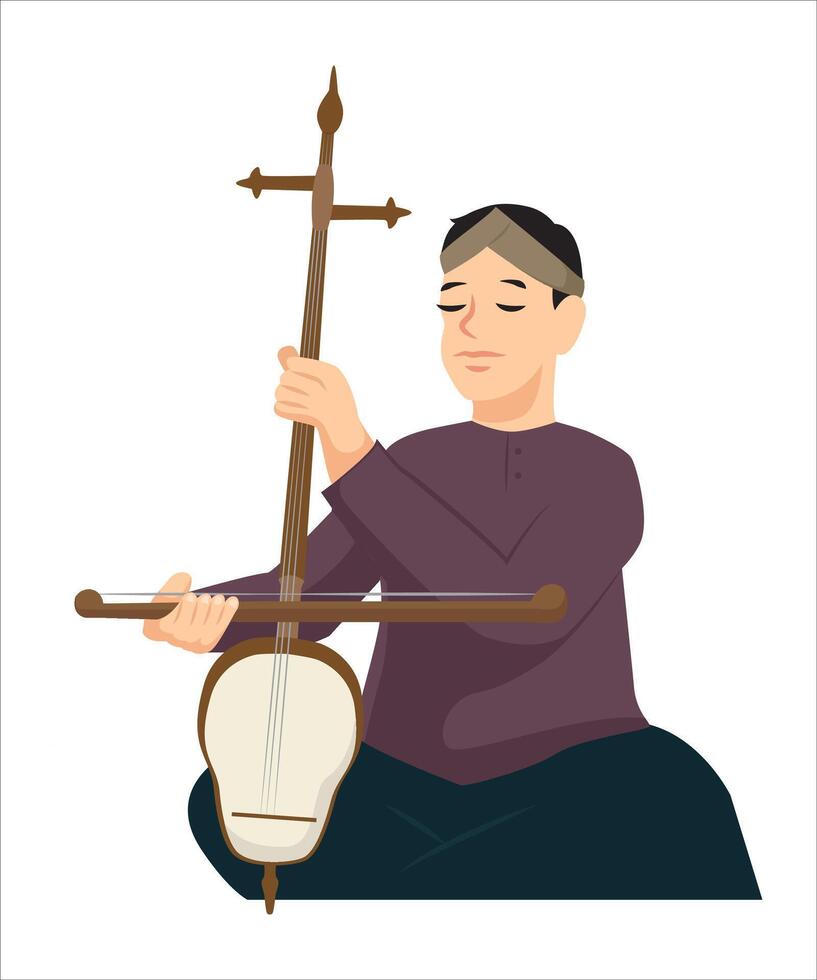 Rebab player illustration, traditional Javanese music instrument. Symbol of regional culture. vector