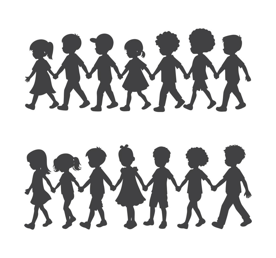 A group of children holding hands in a line depicted as a silhouette isolated on white background vector