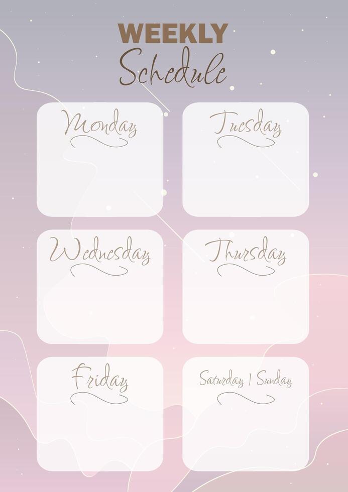 Weekly Schedule Planner Document Printable On Abstract Trendy Celestial Background Landscape Design vector