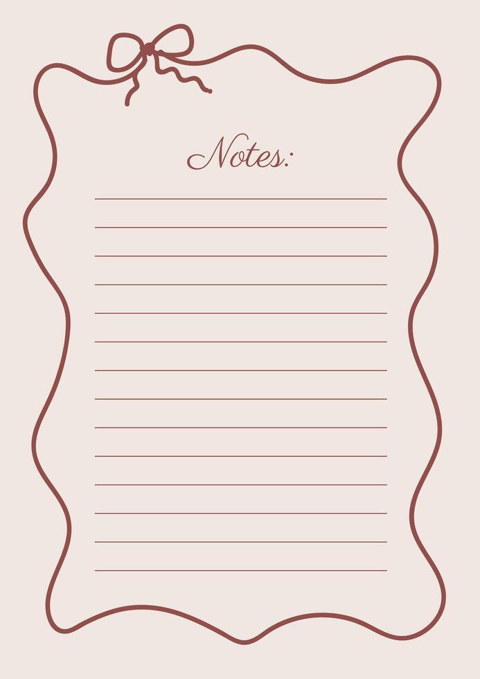 Notes Paper Sheet In Whimsical Simple Red Lined Frame Bow Retro Vintage Printable Design vector