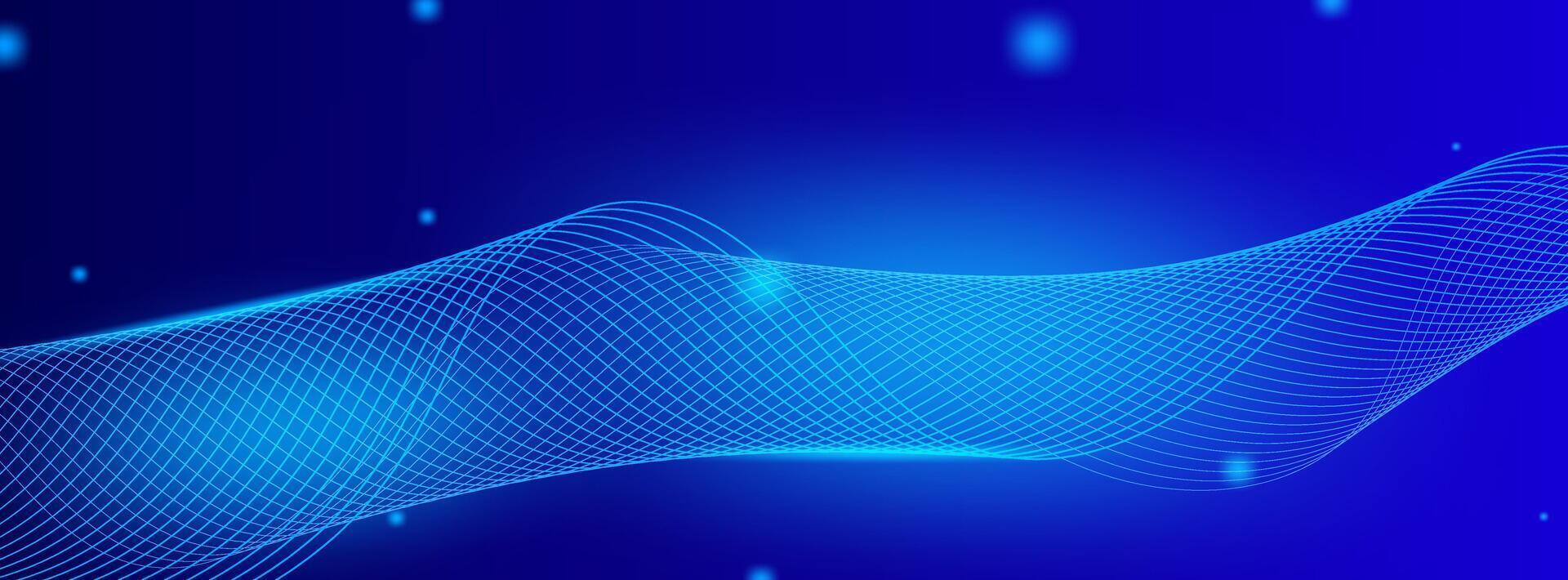 Futuristic wave background in dark blue with smooth glowing lines and particles. Ideal for technology banners, digital ads, and sci-fi presentations. vector